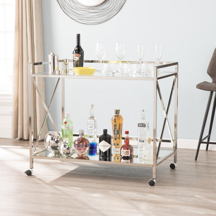 Silver Metal And Mirrored Glass Bar Cart Image 1