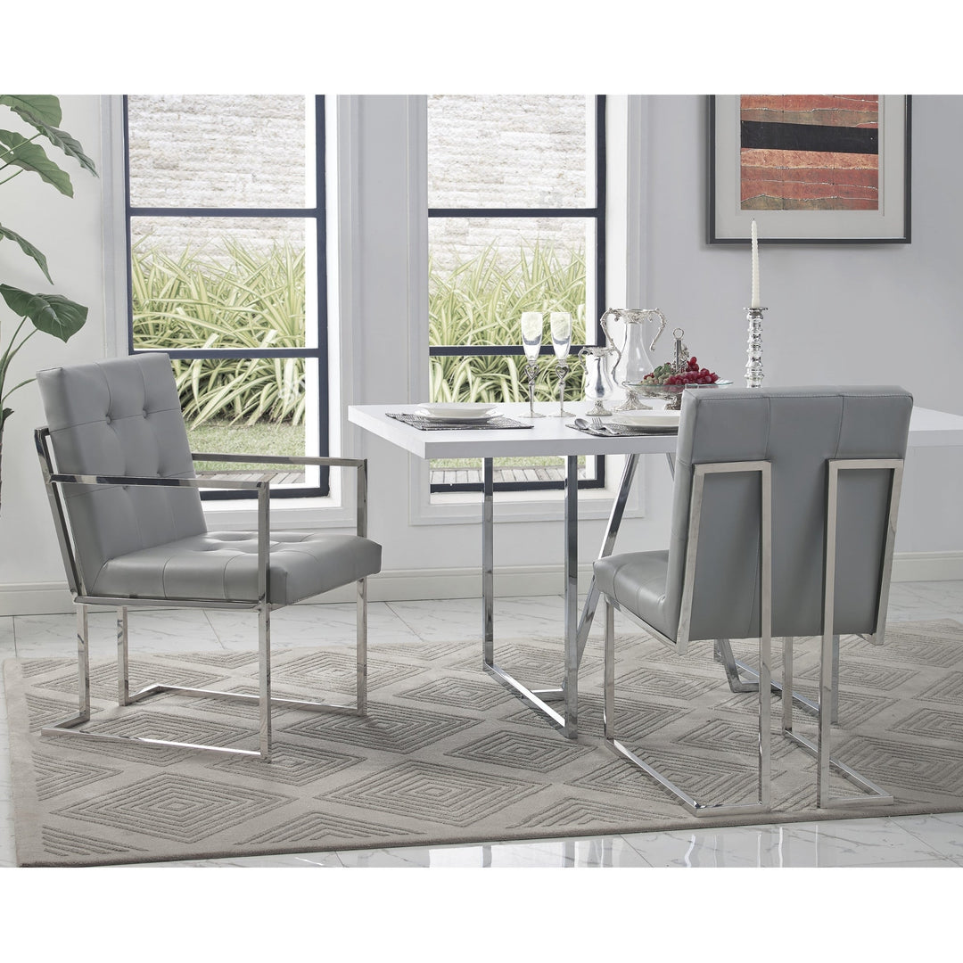 Set of Two Tufted Light Gray and Silver Metallic Upholstered Faux Leather Dining Arm Chairs Image 2