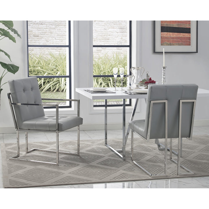 Set of Two Tufted Light Gray and Silver Metallic Upholstered Faux Leather Dining Arm Chairs Image 2