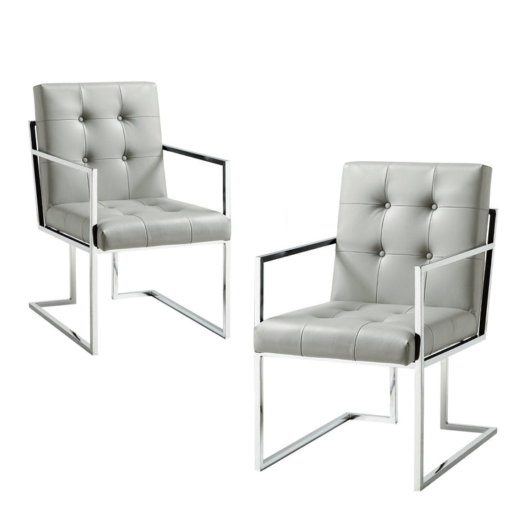 Set of Two Tufted Light Gray and Silver Metallic Upholstered Faux Leather Dining Arm Chairs Image 4