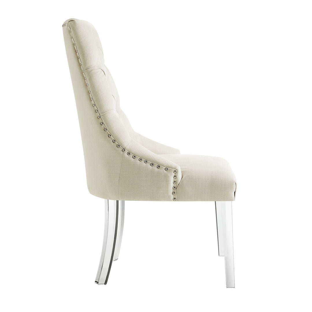 Set of Two Tufted Cream and Clear Upholstered Linen Dining Side Chairs Image 6