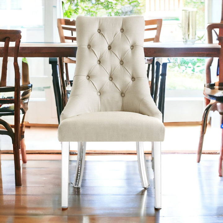 Set of Two Tufted Cream and Clear Upholstered Linen Dining Side Chairs Image 10