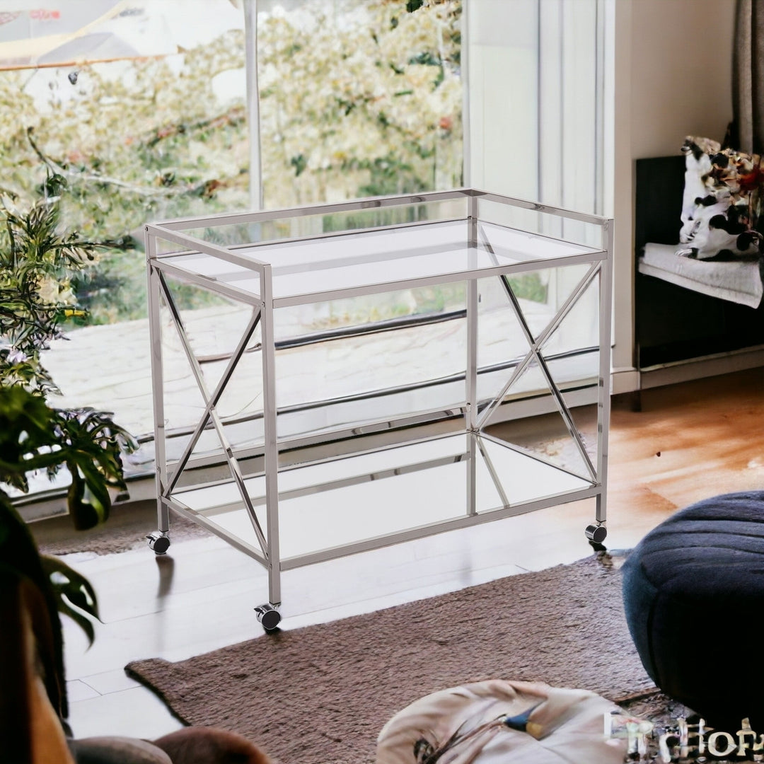 Silver Metal And Mirrored Glass Bar Cart Image 11