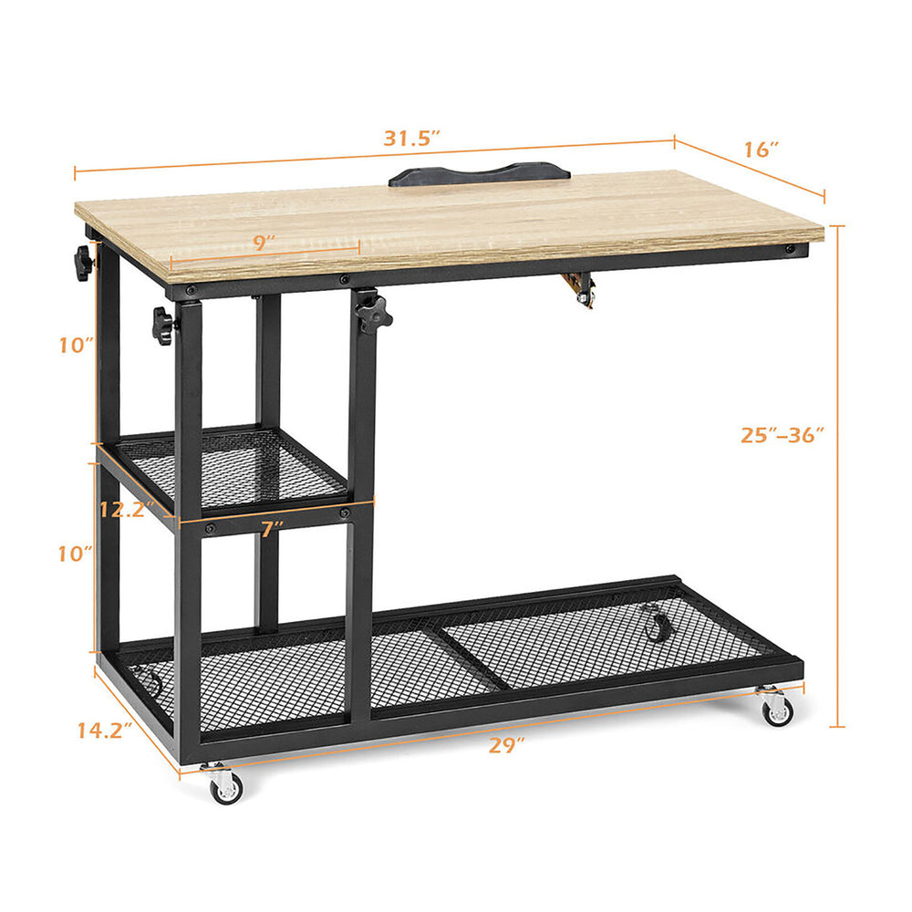 C Shaped Side Table with Wheels Height and Tabletop Adjustable Storage Shelf Image 2