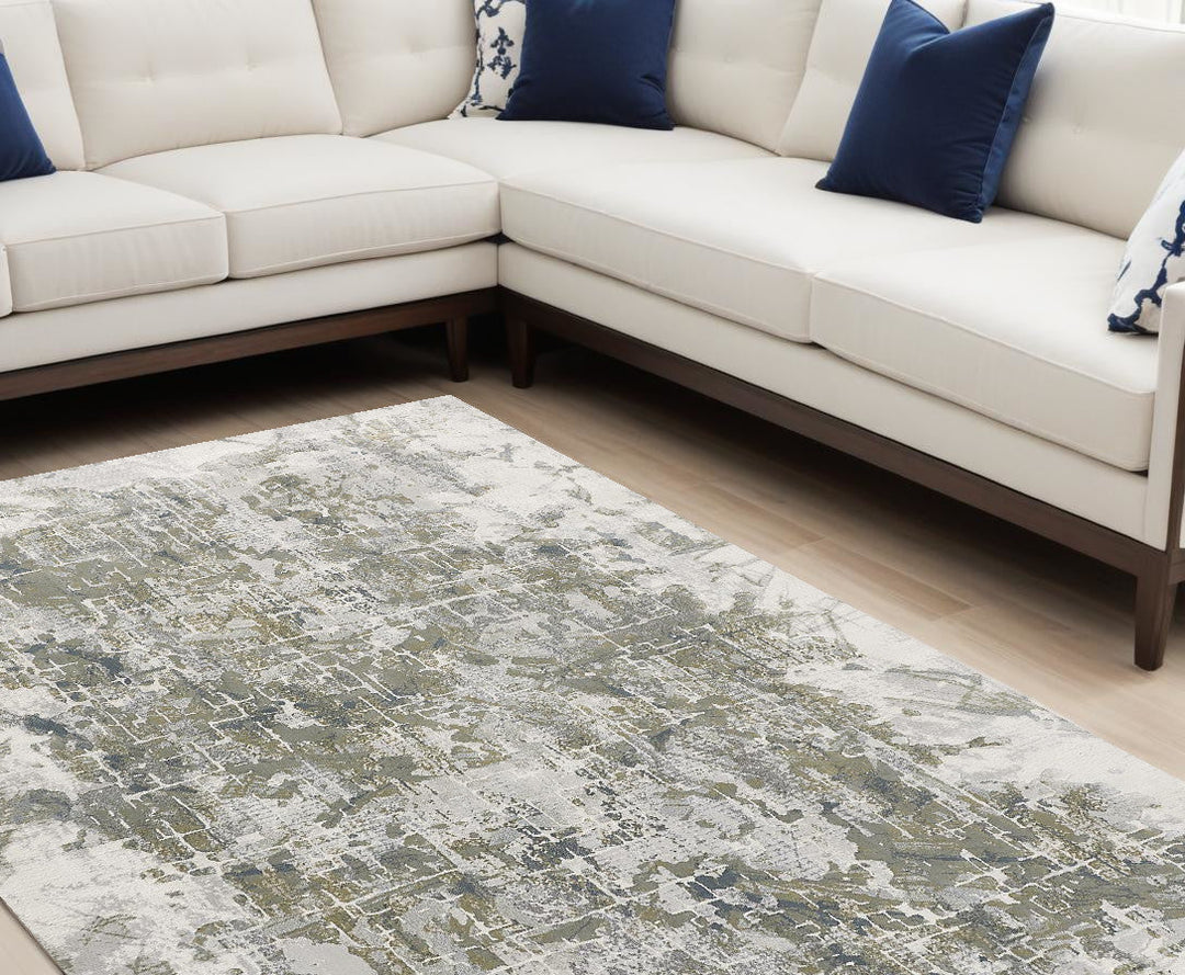 8 X 10 Green Gray And Ivory Abstract Distressed Stain Resistant Area Rug Image 5