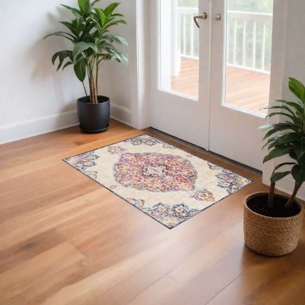 2 X 4 Blue and Beige Medallion Area Rug Image 1