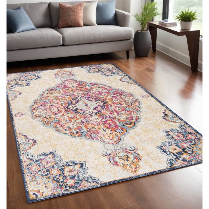 2 X 4 Blue and Beige Medallion Area Rug Image 1