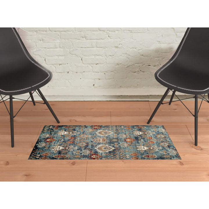 2 x 3 Teal Blue Oriental Power Loom Area Rug With Fringe Image 9