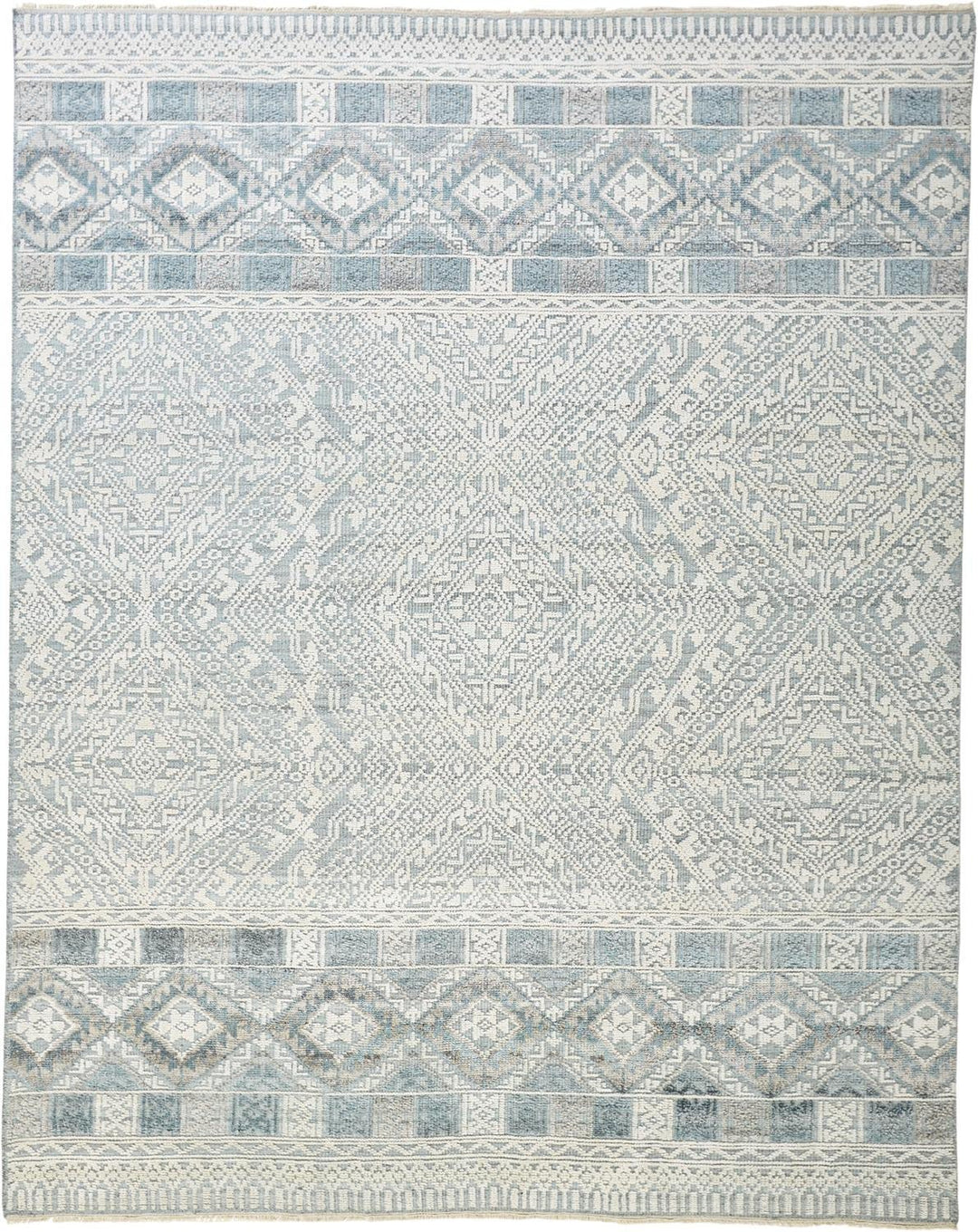 2 X 3 Ivory Blue And Gray Geometric Hand Knotted Area Rug Image 1