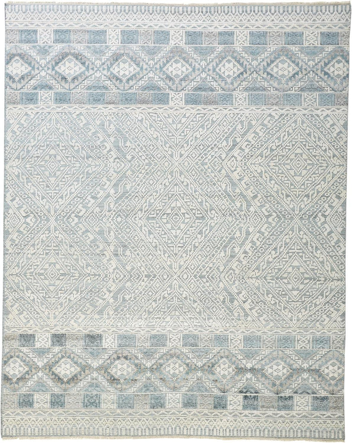 2 X 3 Ivory Blue And Gray Geometric Hand Knotted Area Rug Image 1