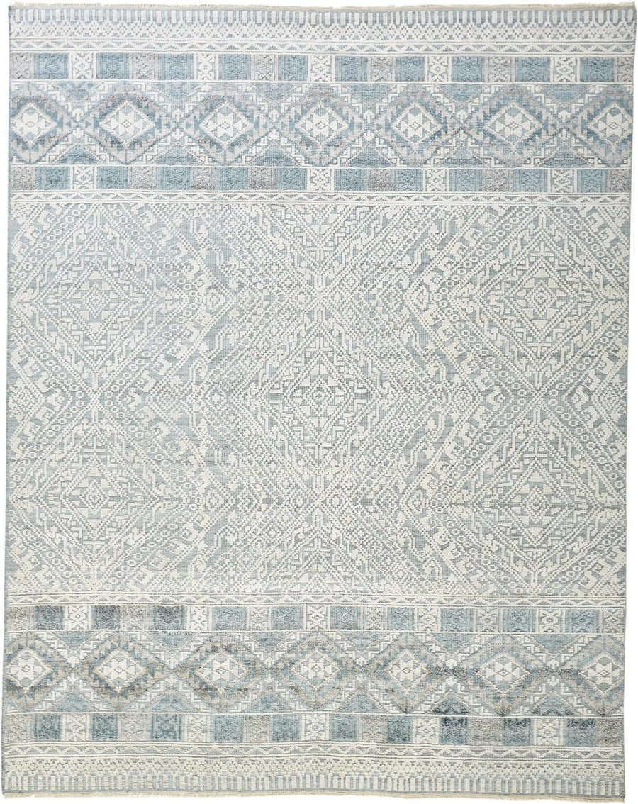 2 X 3 Ivory Blue And Gray Geometric Hand Knotted Area Rug Image 1