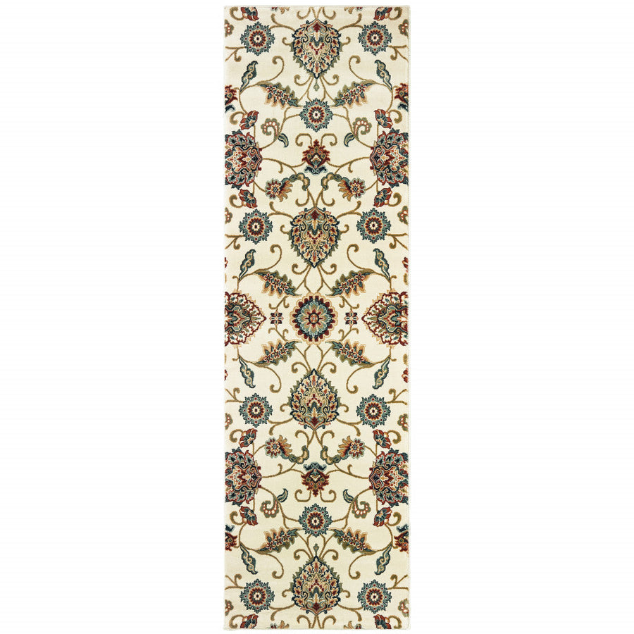 2 X 8 Ivory Floral Power Loom Stain Resistant Runner Rug Image 1