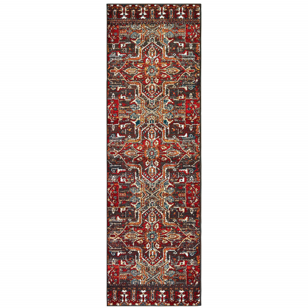 2 X 8 Red Orange Blue And Grey Southwestern Power Loom Stain Resistant Runner Rug Image 1