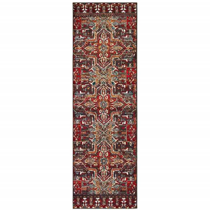 2 X 8 Red Orange Blue And Grey Southwestern Power Loom Stain Resistant Runner Rug Image 1