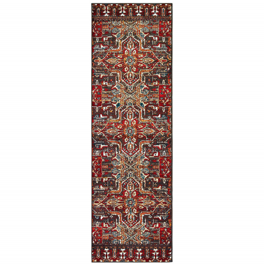 2 X 8 Red Orange Blue And Grey Southwestern Power Loom Stain Resistant Runner Rug Image 1