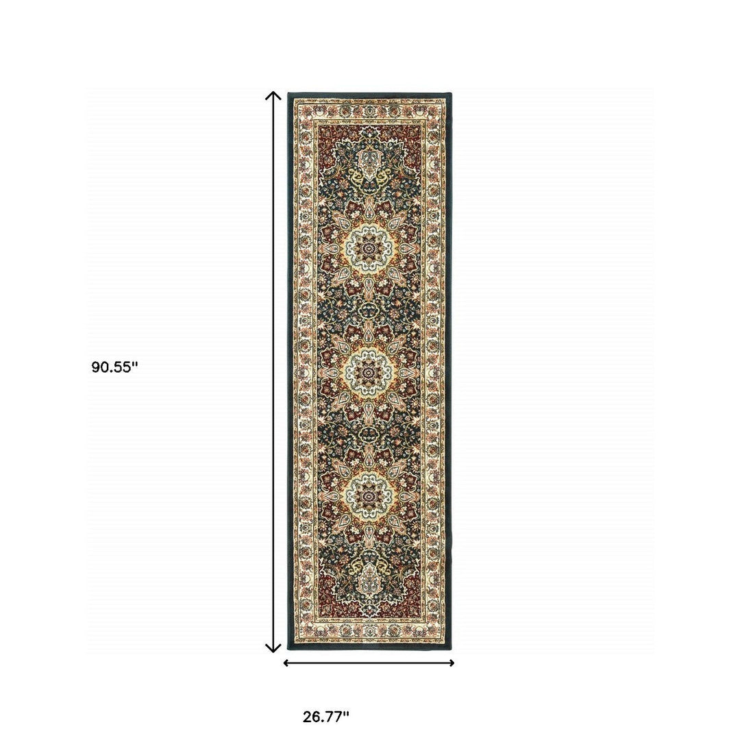 2 X 8 Navy And Ivory Oriental Power Loom Stain Resistant Runner Rug Image 4