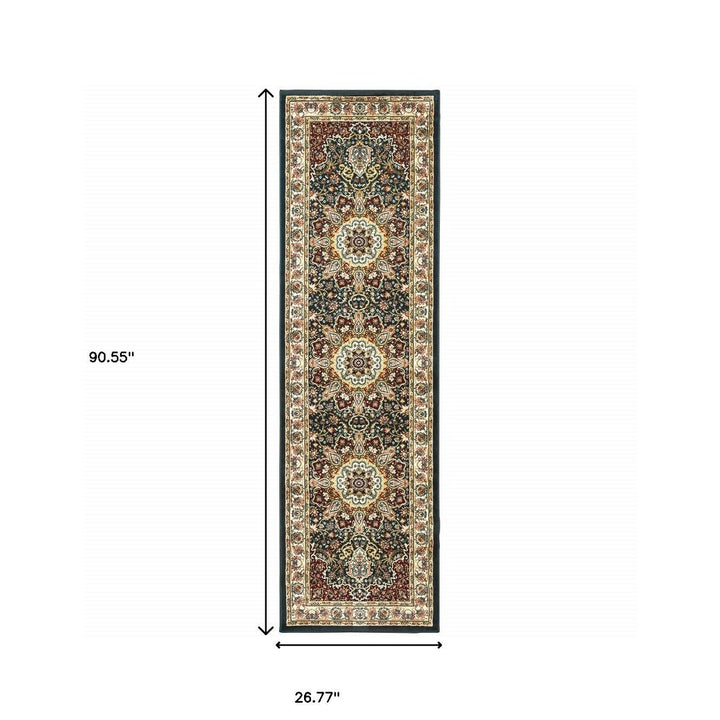 2 X 8 Navy And Ivory Oriental Power Loom Stain Resistant Runner Rug Image 4