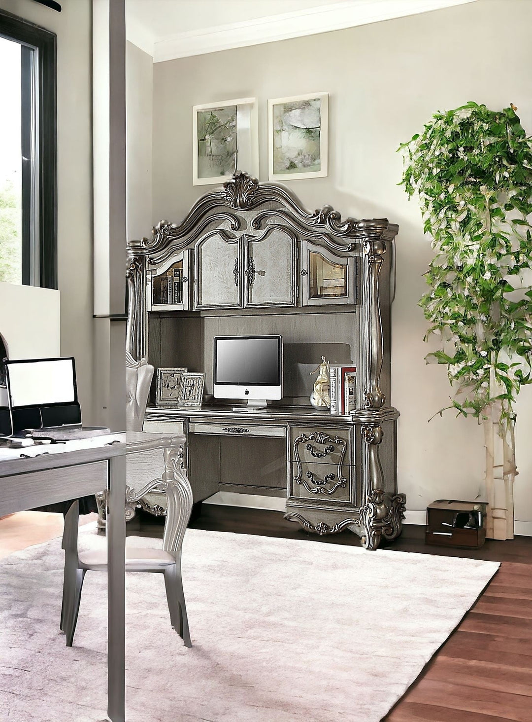 21" Platinum Solid Wood Peninsula Wall Mounted Computer Desk With Four Cabinets Five Drawers Image 2