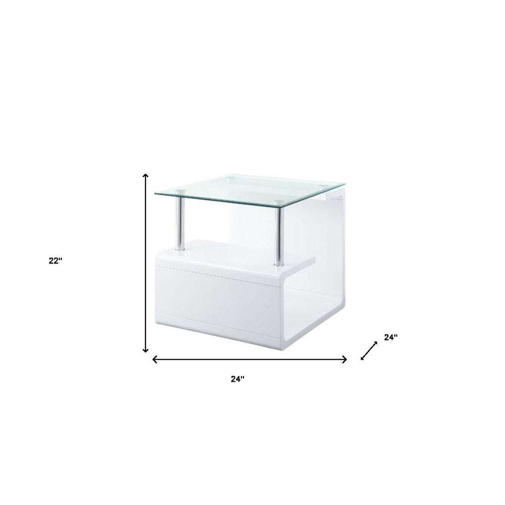 22" White Glass and Wood Square End Table With Two Shelves Image 2