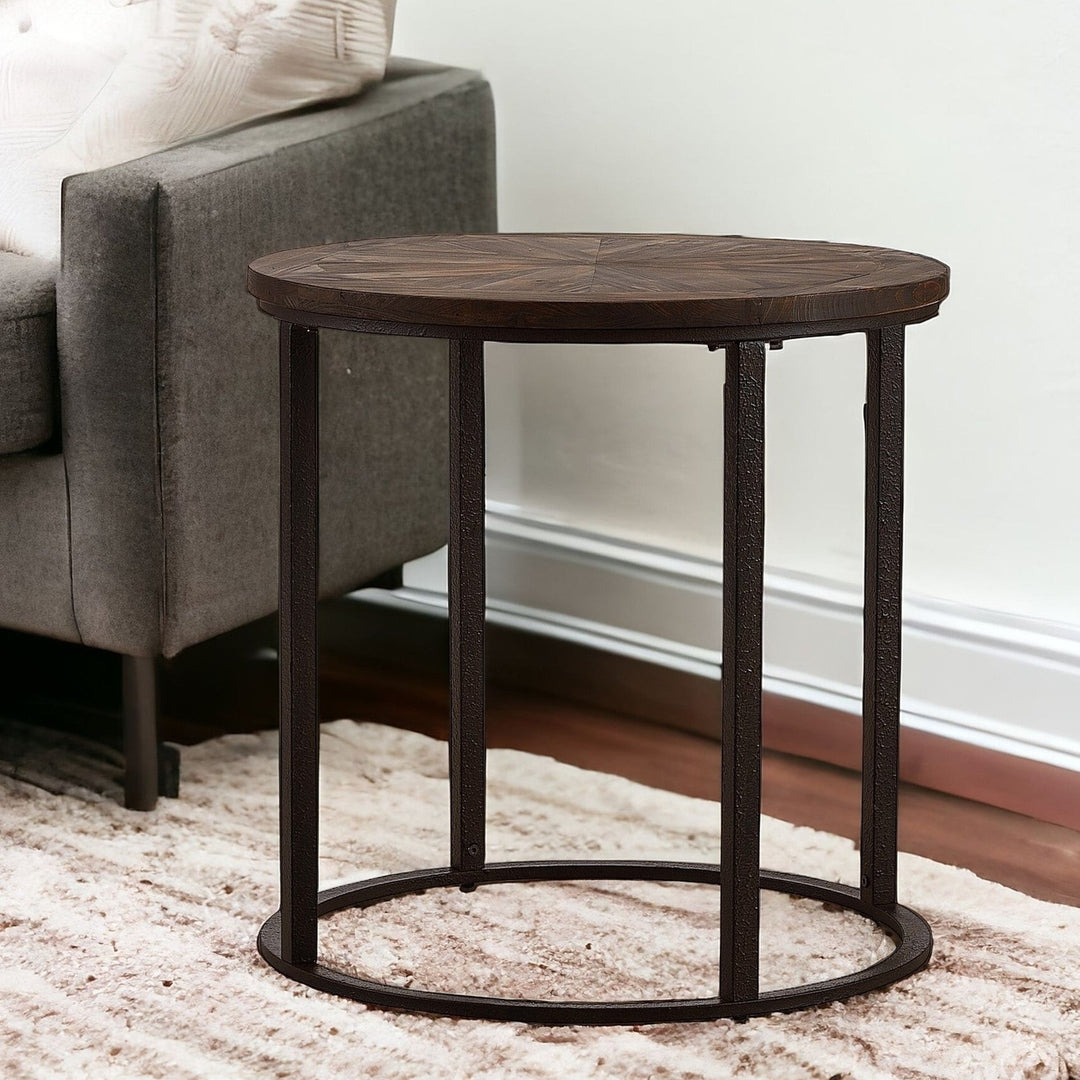 24" Natural Wood Solid Wood And Iron Round End Table Image 5