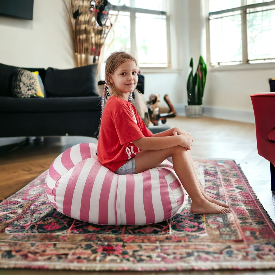 32" Gray and White Microfiber Round Striped Pouf Cover Image 5