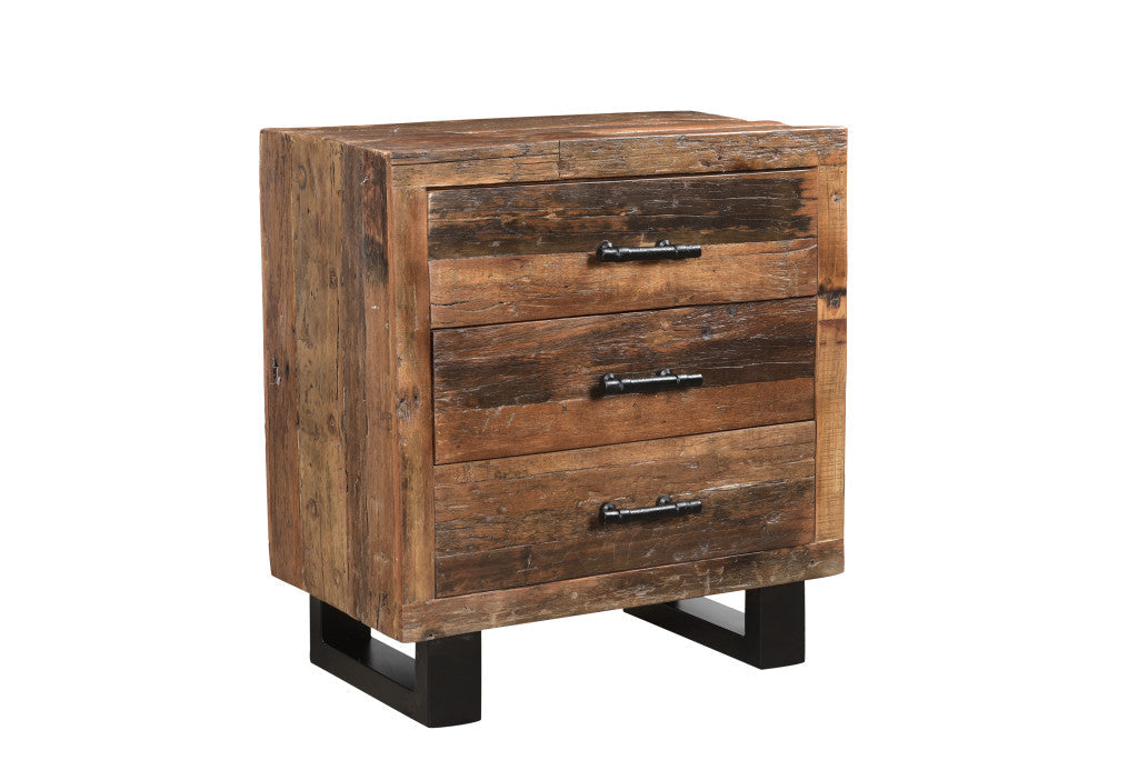 30" Distressed Dark Brown Three Drawer Wood and Metal Nightstand Image 1