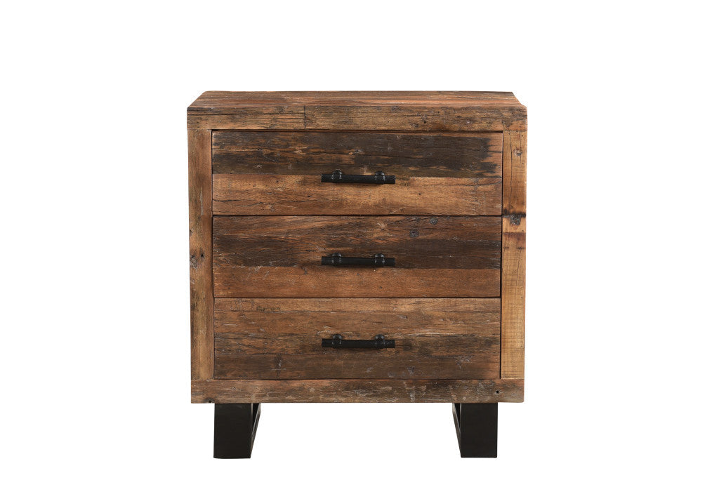 30" Distressed Dark Brown Three Drawer Wood and Metal Nightstand Image 2