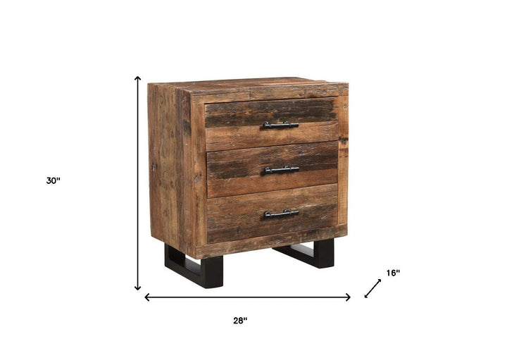 30" Distressed Dark Brown Three Drawer Wood and Metal Nightstand Image 7