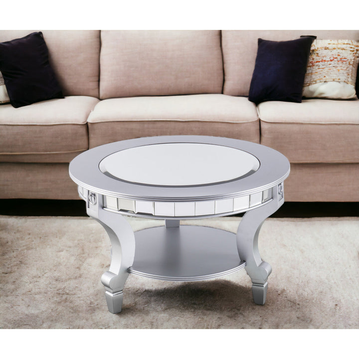 29" Silver Mirrored And Metal Round Mirrored Coffee Table Image 9