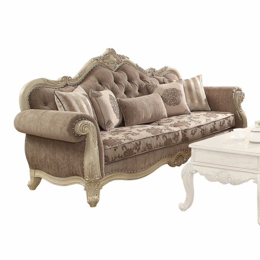 35" Brown Velvet Floral Sofa And Toss Pillows With Champagne Legs Image 1