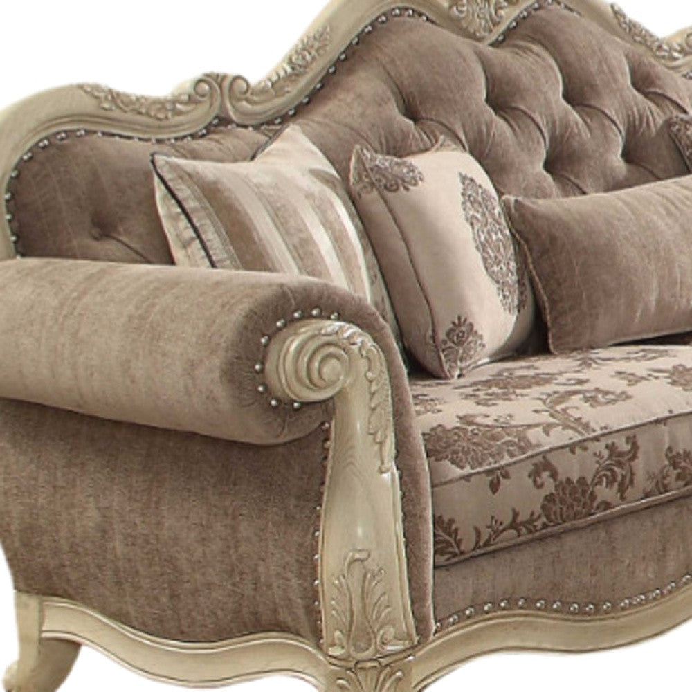 35" Brown Velvet Floral Sofa And Toss Pillows With Champagne Legs Image 2