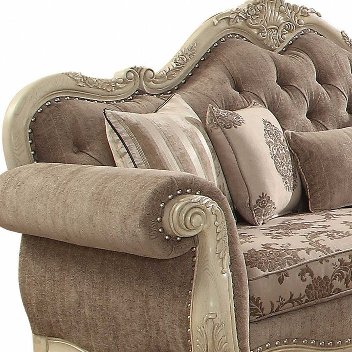 35" Brown Velvet Floral Sofa And Toss Pillows With Champagne Legs Image 4