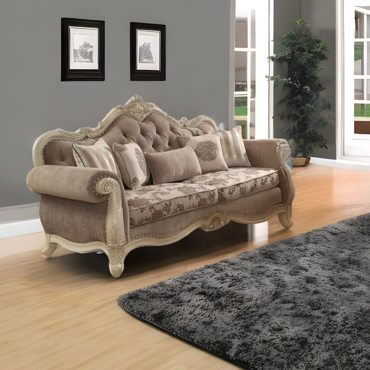 35" Brown Velvet Floral Sofa And Toss Pillows With Champagne Legs Image 6