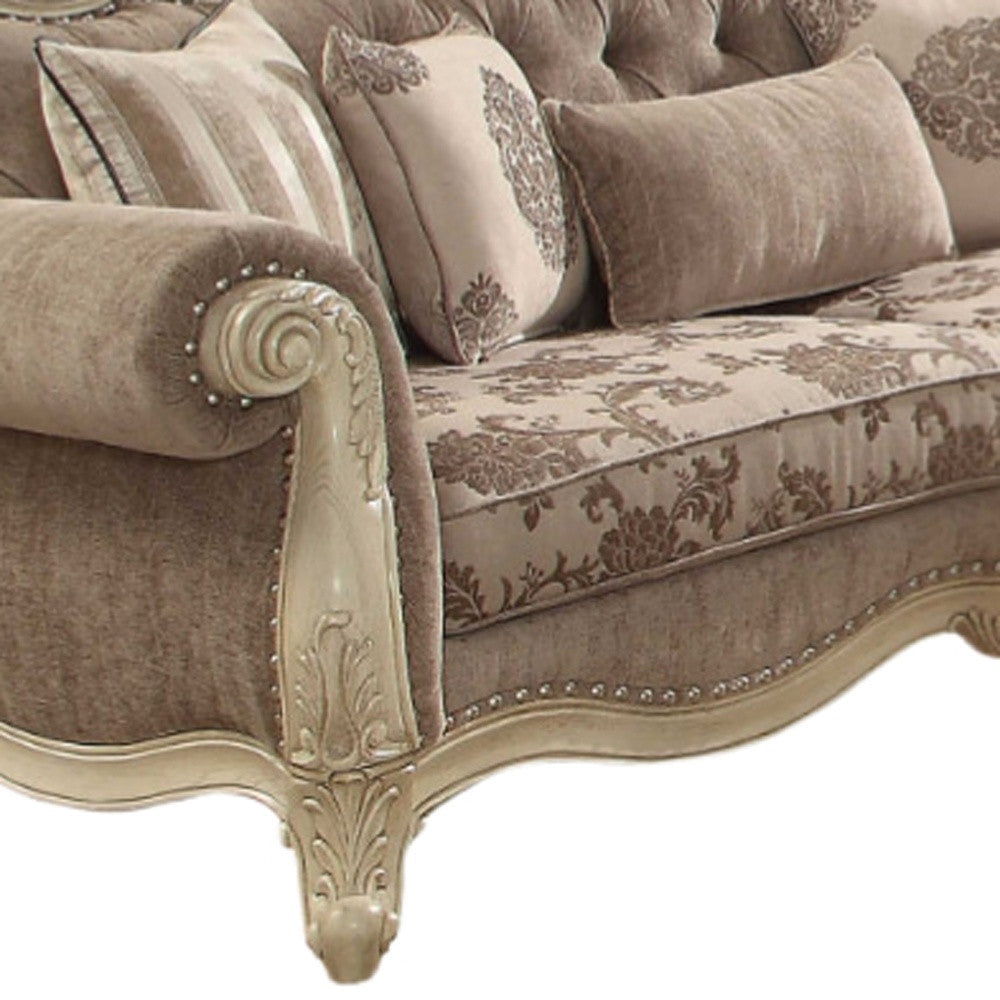 35" Brown Velvet Floral Sofa And Toss Pillows With Champagne Legs Image 8