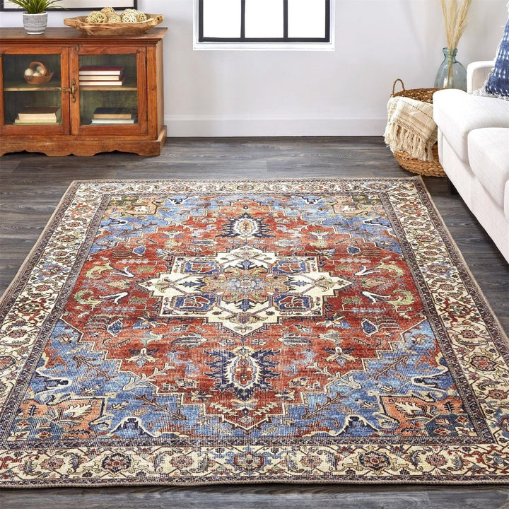 5 X 8 Blue Red And Ivory Floral Area Rug Image 8