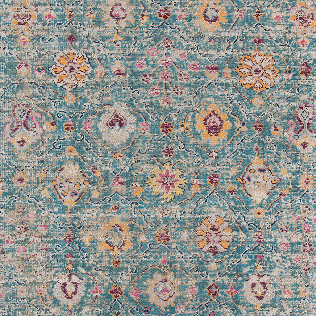 4 x 6 Teal Blue Floral Power Loom Area Rug With Fringe Image 5