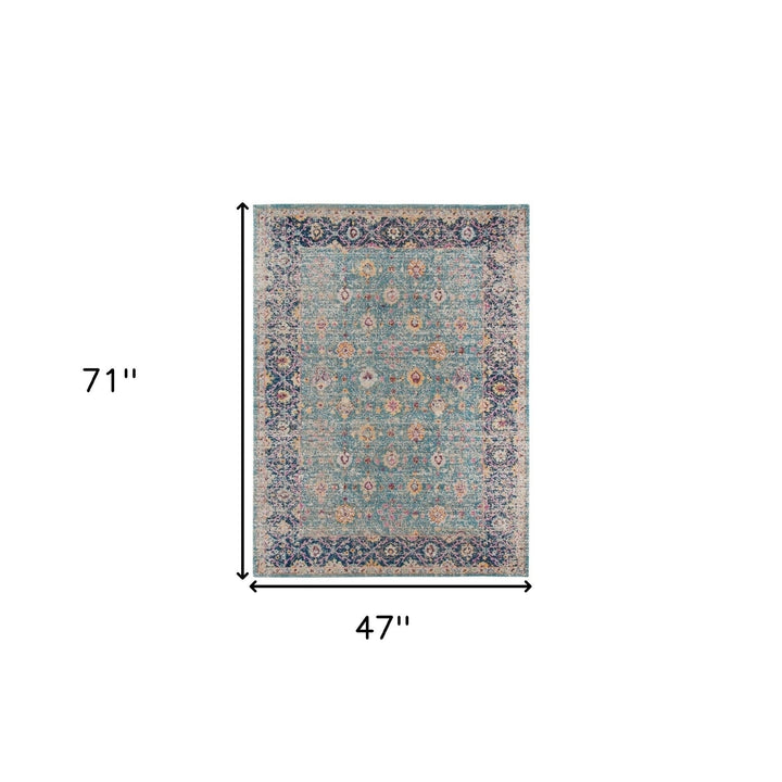 4 x 6 Teal Blue Floral Power Loom Area Rug With Fringe Image 12