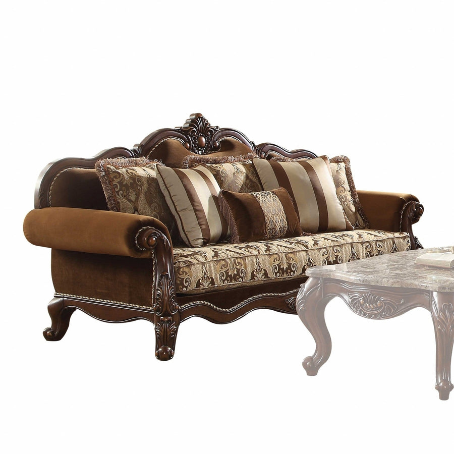 37" Oak Velvet Floral Sofa And Toss Pillows With Espresso Legs Image 1