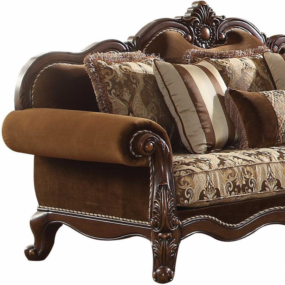 37" Oak Velvet Floral Sofa And Toss Pillows With Espresso Legs Image 2