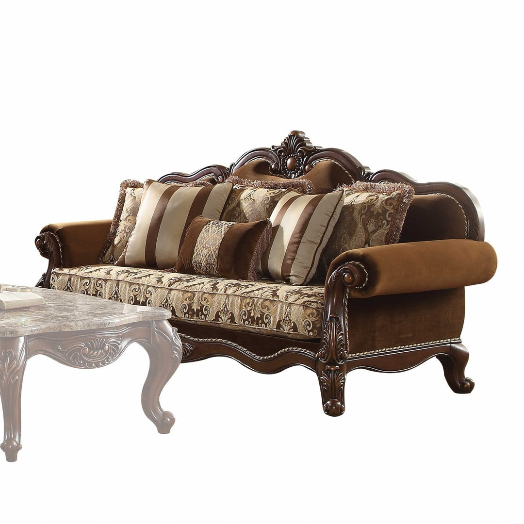 37" Oak Velvet Floral Sofa And Toss Pillows With Espresso Legs Image 3