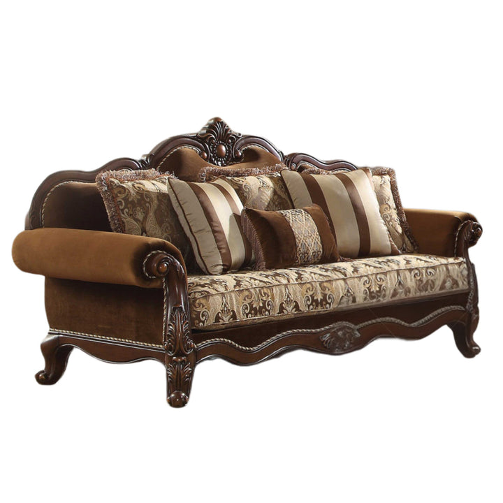 37" Oak Velvet Floral Sofa And Toss Pillows With Espresso Legs Image 4