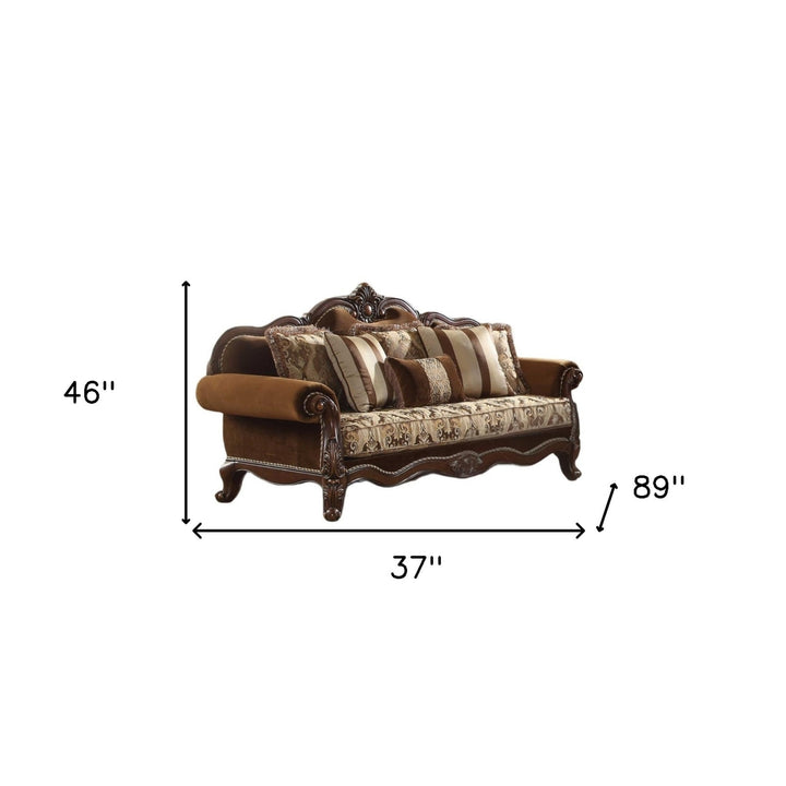 37" Oak Velvet Floral Sofa And Toss Pillows With Espresso Legs Image 6