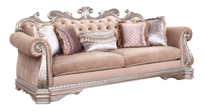 42" Light Pink Velvet Sofa And Toss Pillows With Champagne Legs Image 1