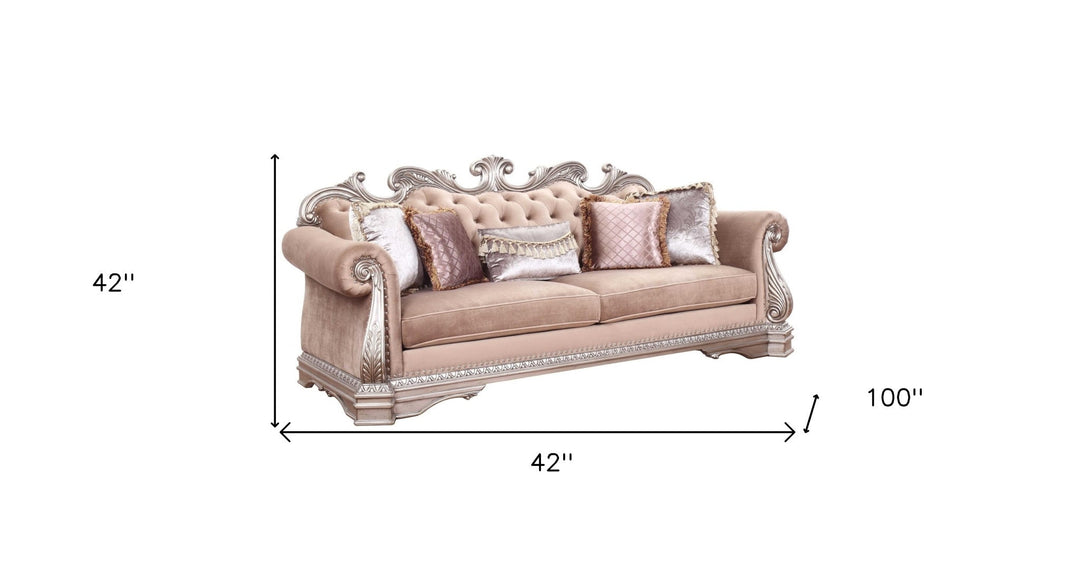 42" Light Pink Velvet Sofa And Toss Pillows With Champagne Legs Image 4