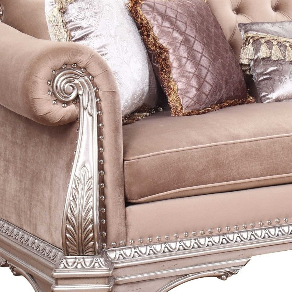 42" Light Pink Velvet Sofa And Toss Pillows With Champagne Legs Image 5