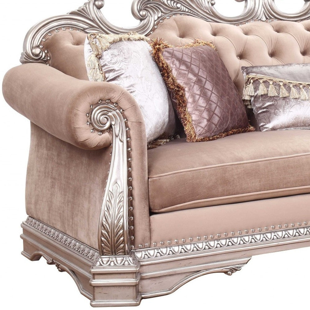 42" Light Pink Velvet Sofa And Toss Pillows With Champagne Legs Image 6