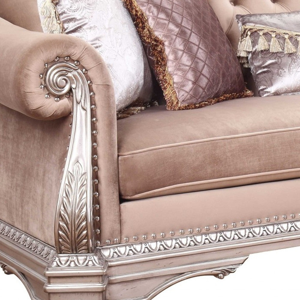 42" Light Pink Velvet Sofa And Toss Pillows With Champagne Legs Image 7