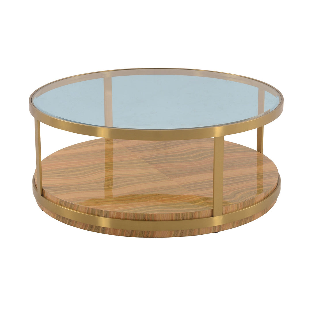 43" Clear And Natural Glass And Metal Round Coffee Table With Shelf Image 1