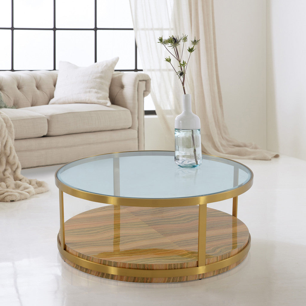 43" Clear And Natural Glass And Metal Round Coffee Table With Shelf Image 6