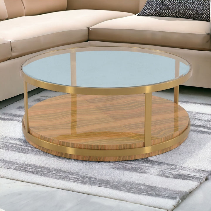 43" Clear And Natural Glass And Metal Round Coffee Table With Shelf Image 8